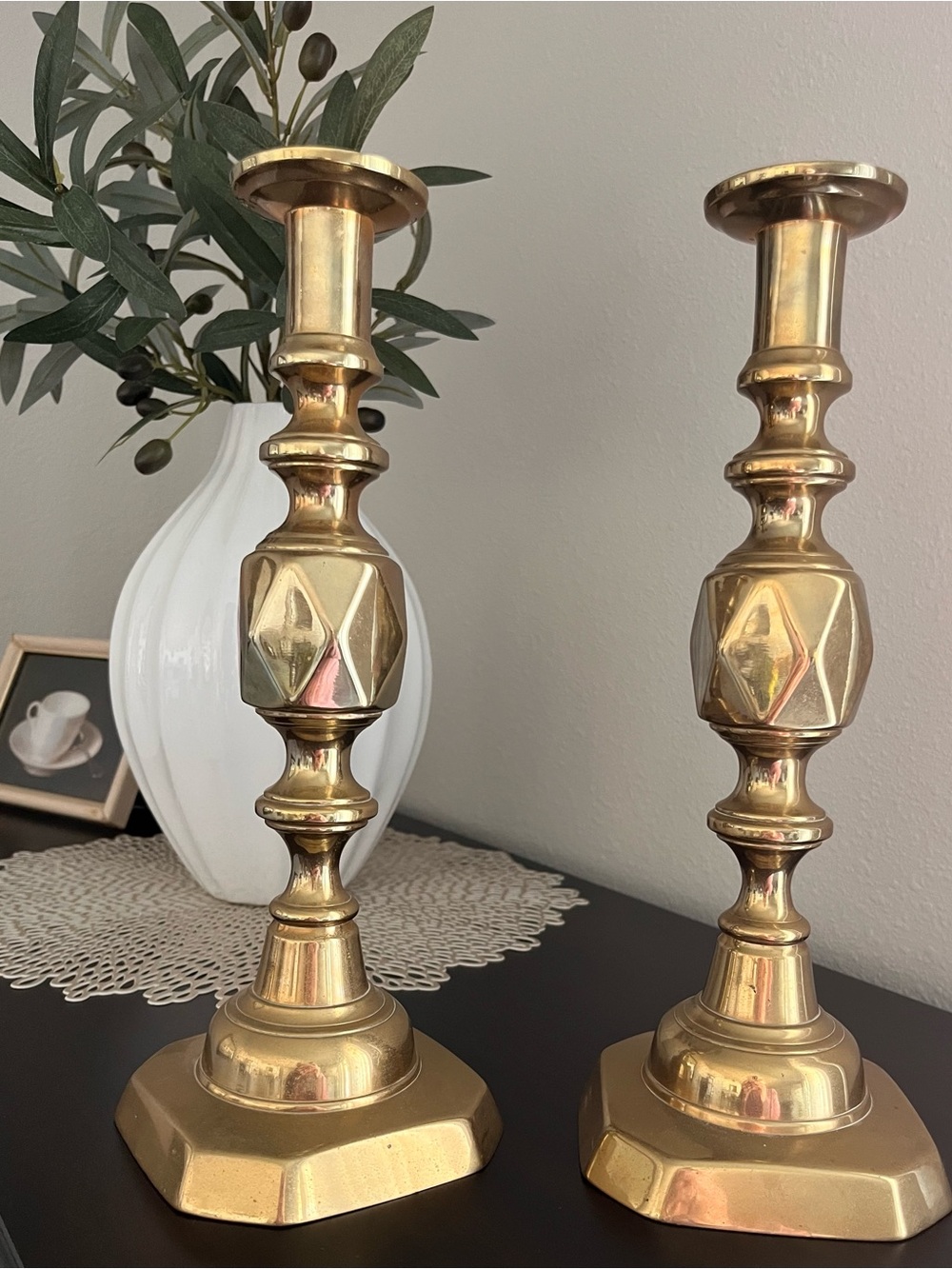 Antique Victorian "King of Diamonds" Brass Candlesticks - Pair c. 1880